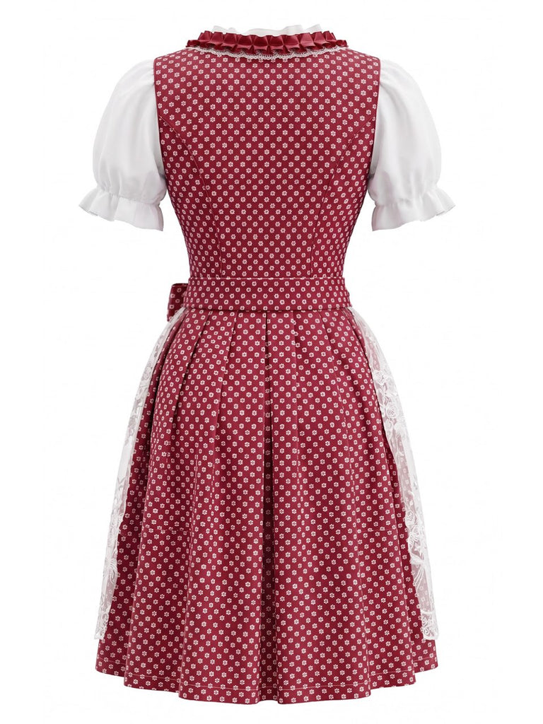 Ensemble 3PCS Col Carré Floral & Blanc Puff & Apron Années 1950 3