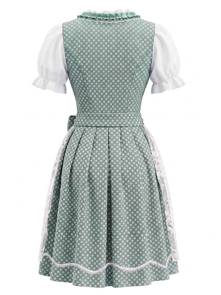 3PCS robe fleurs et encolure carrée haut blanc manches bouffantes et tablier années 1950
