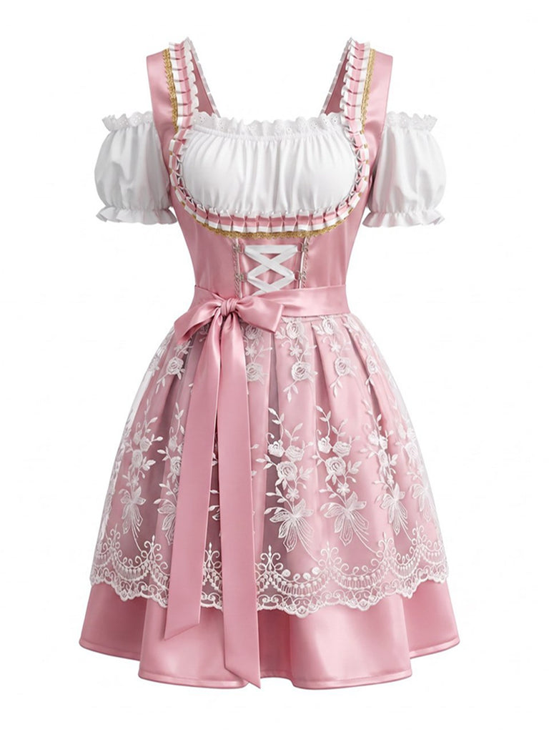2PCS Robe rose manches bouffantes et épaules dénudées tablier dentelle brodée années 50
