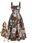 [Grande Taille] Robe évasée vert foncé motif de roses et encolure carrée années 60