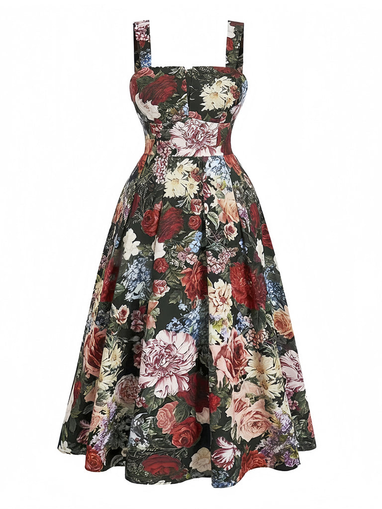 [Grande Taille] Robe Évasée Col Carré Rose Vert Foncé Années 60