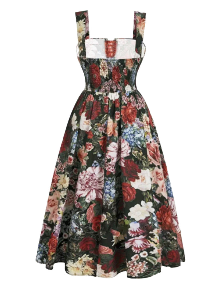 [Grande Taille] Robe Évasée Col Carré Rose Vert Foncé Années 60