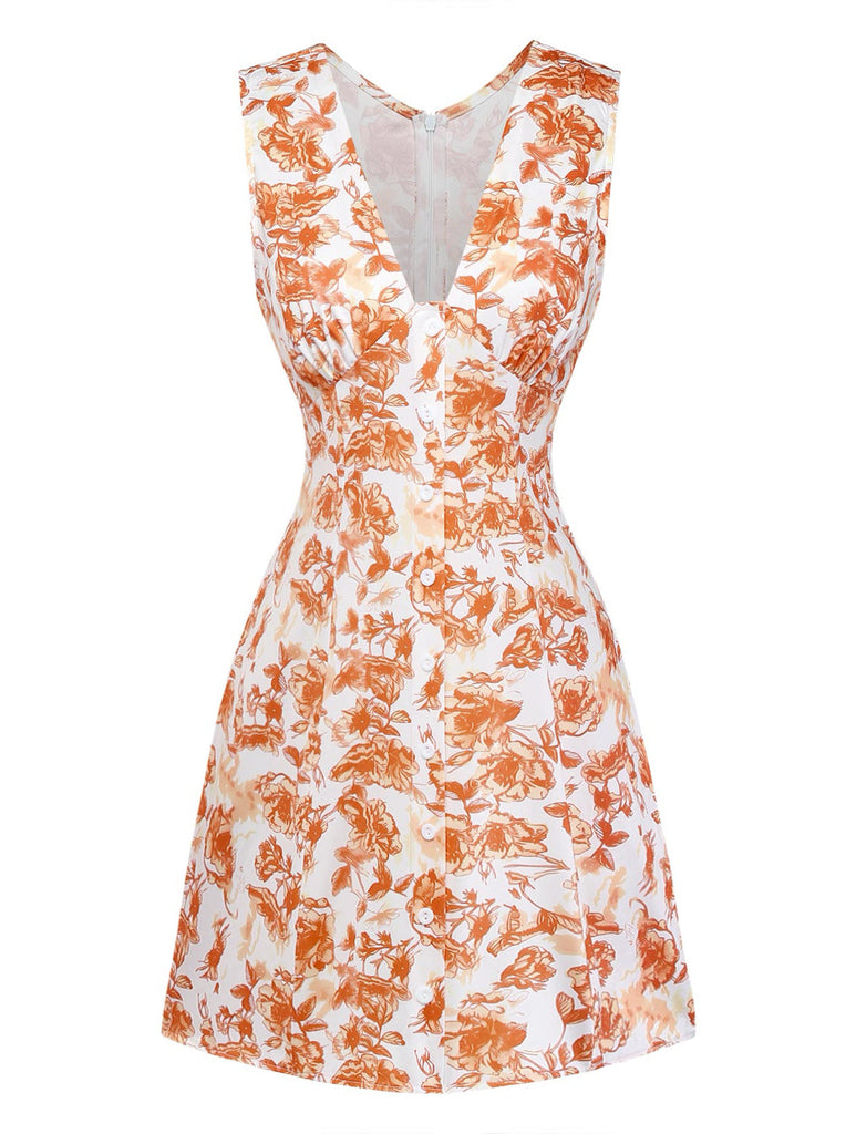 Robe Floral Col V Orange Années 1960 3