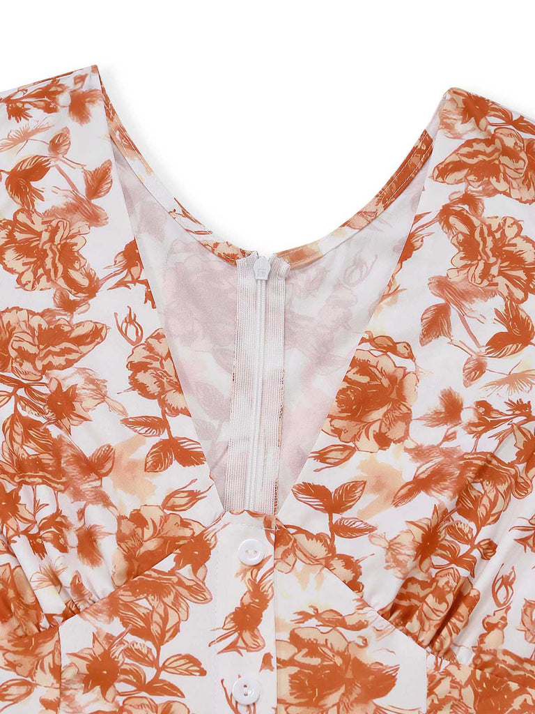 Robe Floral Col V Orange Années 1960 4