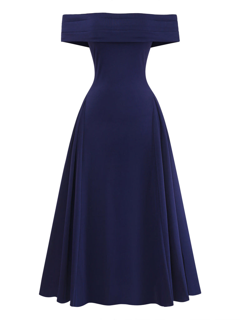 Robe Épaules Dénudées Évasé Encolure Repliée Bleu Profond Années 1950 2