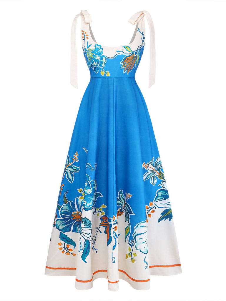 Robe Col Carré Floral Épaule Nœud Bleu Années 1970 2