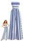 Combinaison bleue jambes larges motif géométrique et détails smockés années 70
