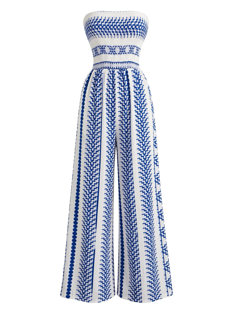 Combinaison Bustier Smockée à Jambes Larges Imprimé Géométrique Bleue Années 70