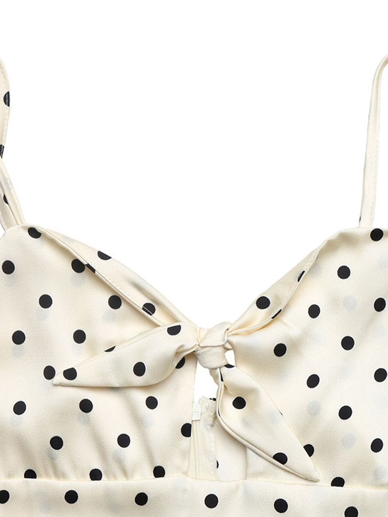 Robe Beige à Pois Hollow Nœud Slip Années 1940 4