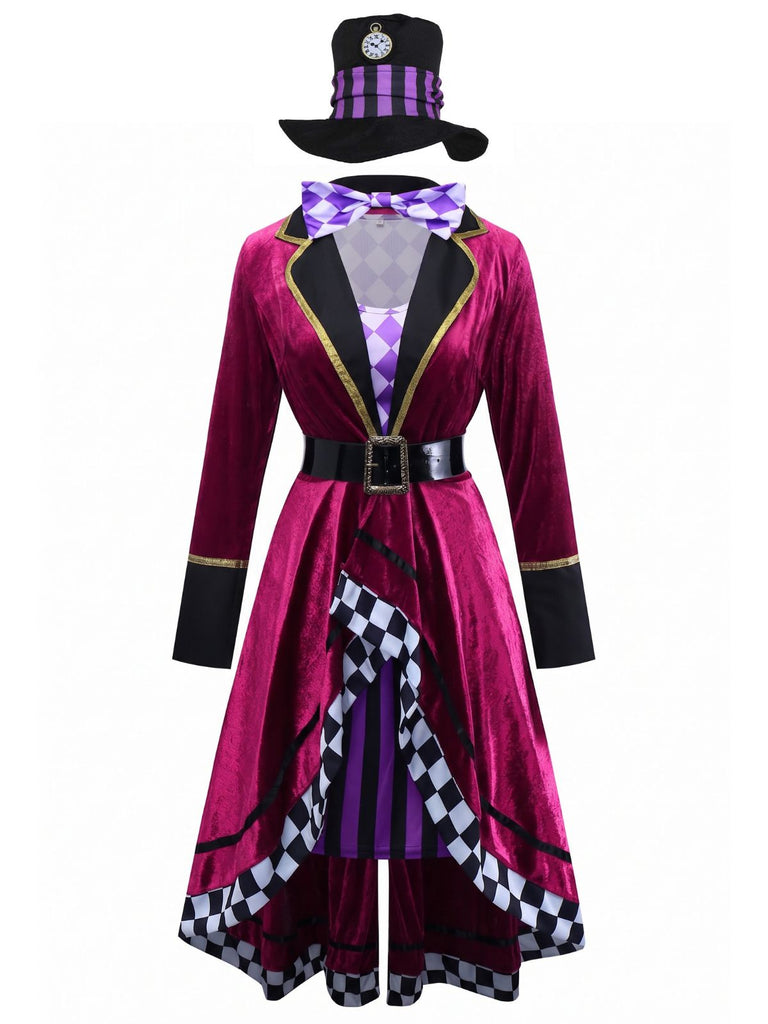 Set Costume Chapelier Fou Halloween à Manches Longues avec Ceinture Années 1960