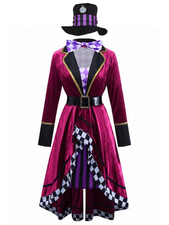 Set Costume Chapelier Fou Halloween à Manches Longues avec Ceinture Années 1960