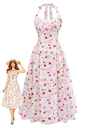 Robe Floral Halter Évasé Mi-Longue Nœud Blanc & Rose Années 1950