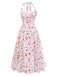 Robe Floral Halter Évasé Mi-Longue Nœud Blanc & Rose Années 1950 3