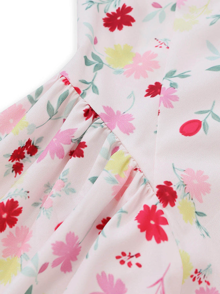 Robe Floral Halter Évasé Mi-Longue Nœud Blanc & Rose Années 1950 5