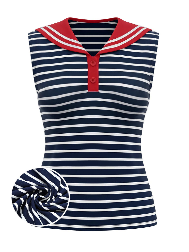 [Prévente] Tops Rouge & Bleu & Blanc Rayé Col Marin Sans Manches Années 1950