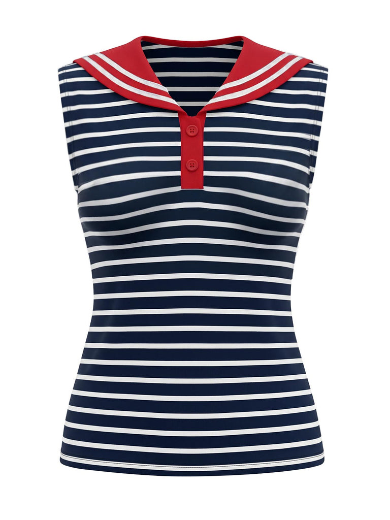 [Prévente] Tops Rouge & Bleu & Blanc Rayé Col Marin Sans Manches Années 1950 2
