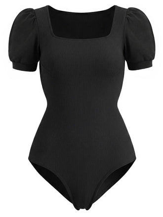 [Prévente] Tops Noir Col Carré Manches Bouffantes Ribbed Bodysuit Années 1950 2