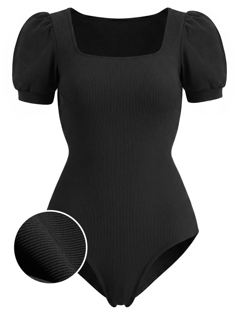 [Prévente] Tops Noir Col Carré Manches Bouffantes Ribbed Bodysuit Années 1950