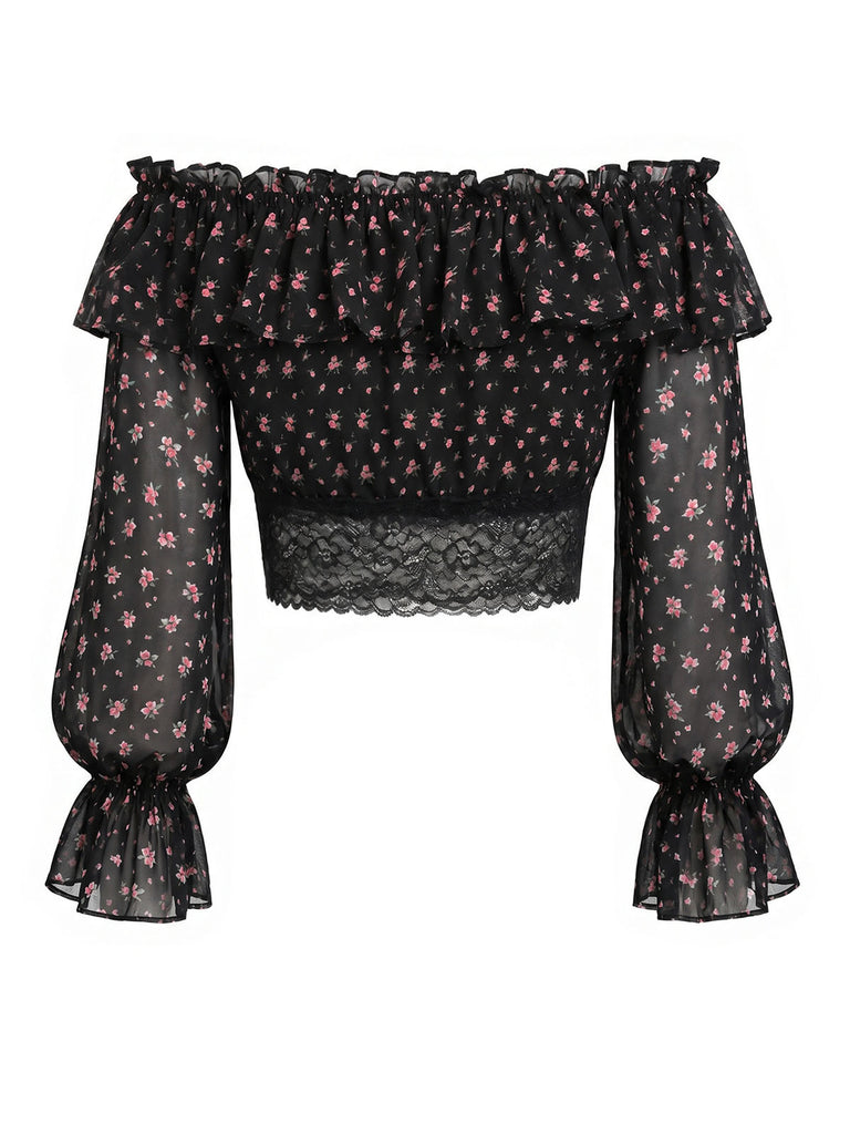 [Prévente] Épaules Dénudées Floral Dentelle Petites Fleurs Mini Noir Années 1950 3