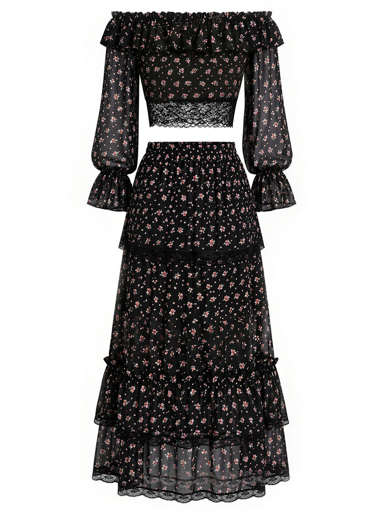 [Prévente] 3PCS Floral Dentelle Longue Petites Fleurs Mini Noir Années 1950 2