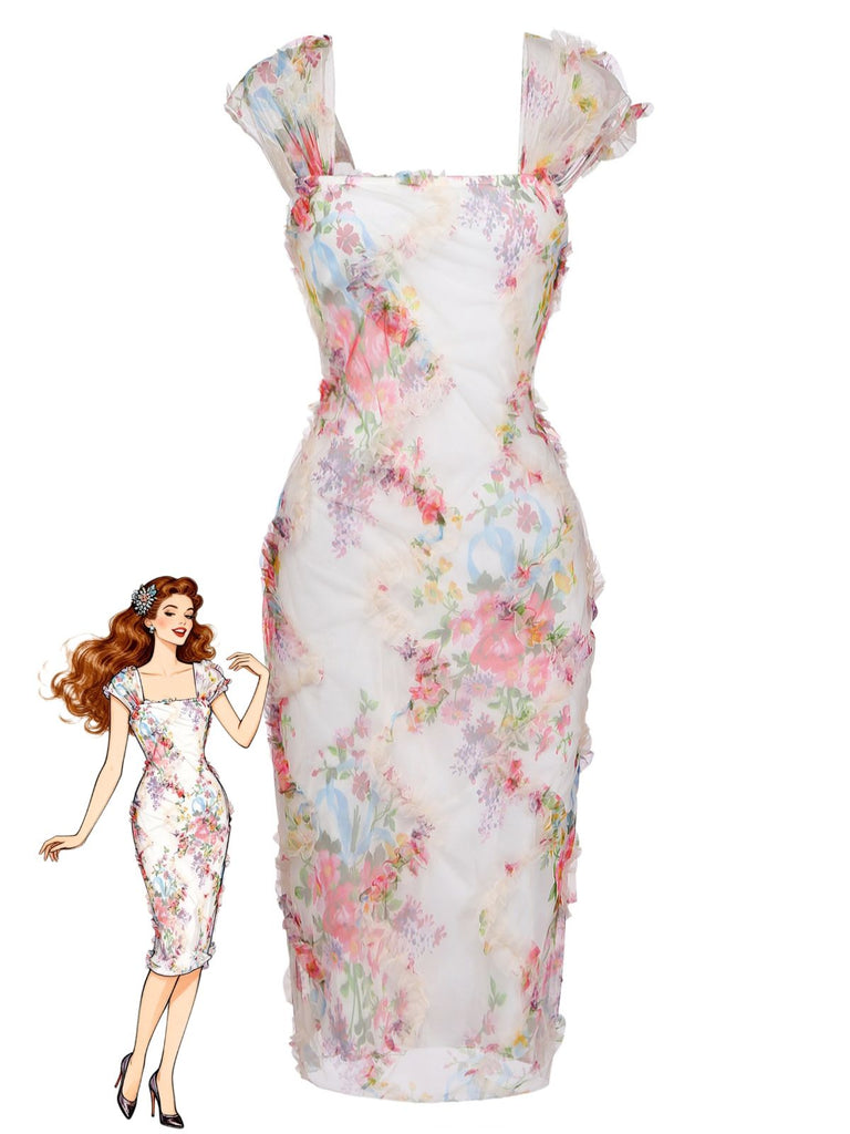 Robe Multicolore Floral Tulle Plissé Ajusté Années 1960