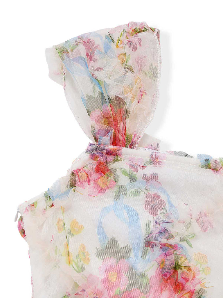 Robe Multicolore Floral Tulle Plissé Ajusté Années 1960 5