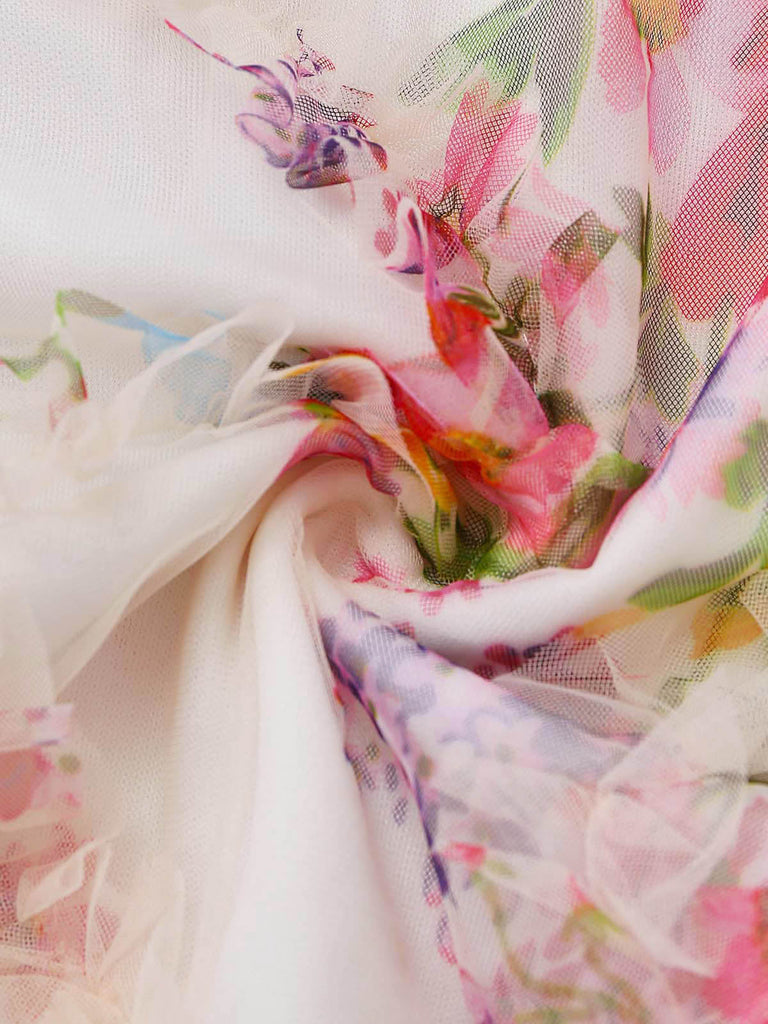 Robe Multicolore Floral Tulle Plissé Ajusté Années 1960 7