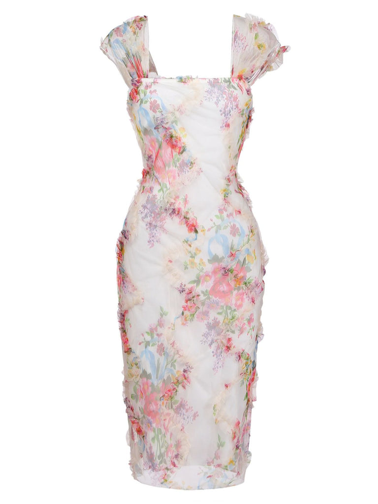 Robe Multicolore Floral Tulle Plissé Ajusté Années 1960 2
