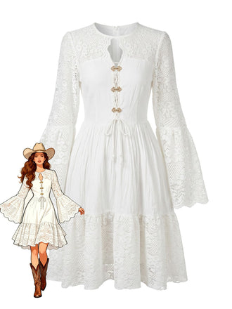 Robe Blanc Bohème Coton Dentelle Manches Cloche Années 1970