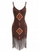 Robe Col V Bohème Ourlet Frangé Marron Années 70