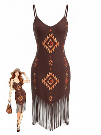 Robe Col V Bohème Ourlet Frangé Marron Années 70