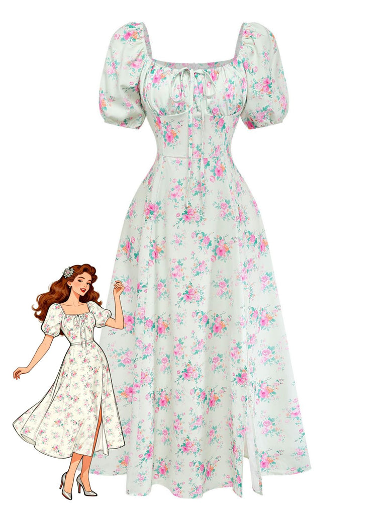 Robe Vert Petites Fleurs Manches Bouffantes Côté Fendu Années 1950