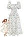 Robe Vert Petites Fleurs Manches Bouffantes Côté Fendu Années 1950