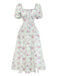 Robe Vert Petites Fleurs Manches Bouffantes Côté Fendu Années 1950 2