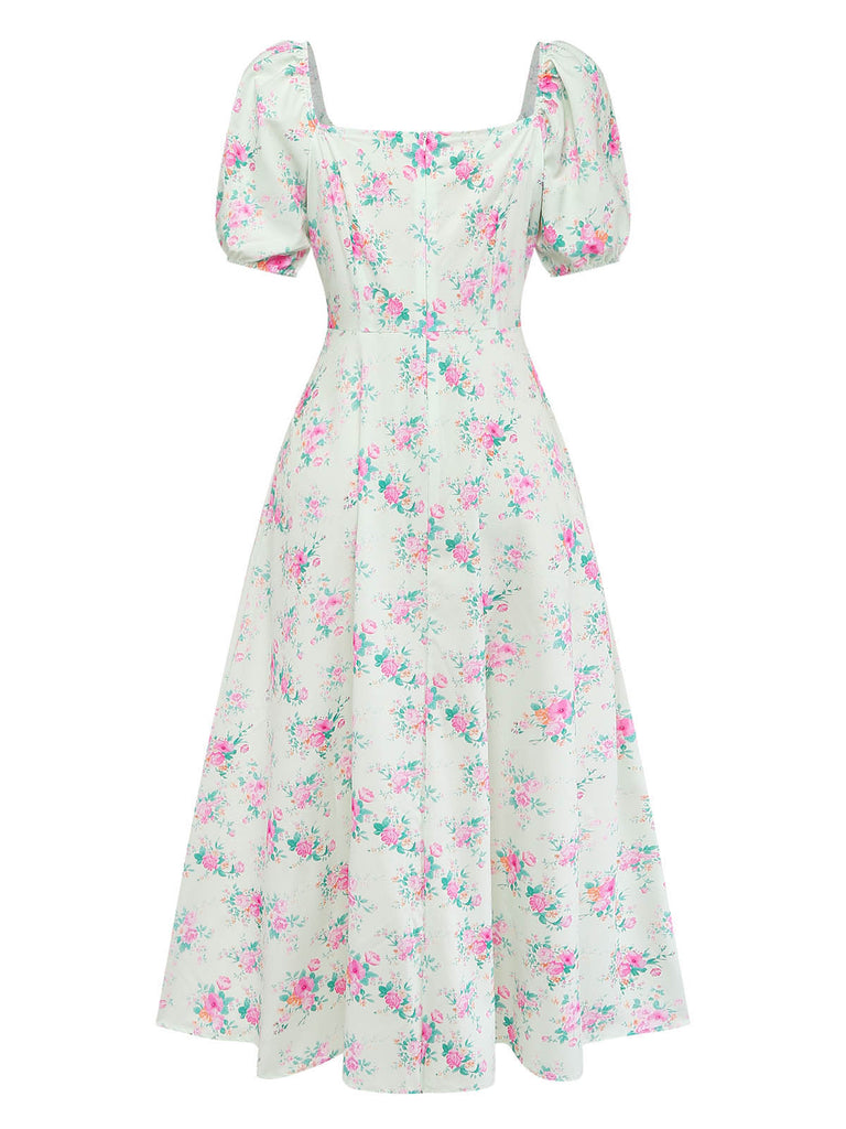 Robe Vert Petites Fleurs Manches Bouffantes Côté Fendu Années 1950 3