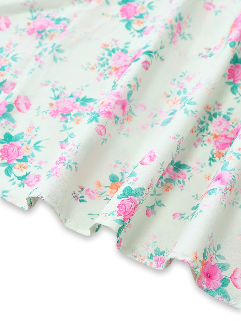 Robe Vert Petites Fleurs Manches Bouffantes Côté Fendu Années 1950 7