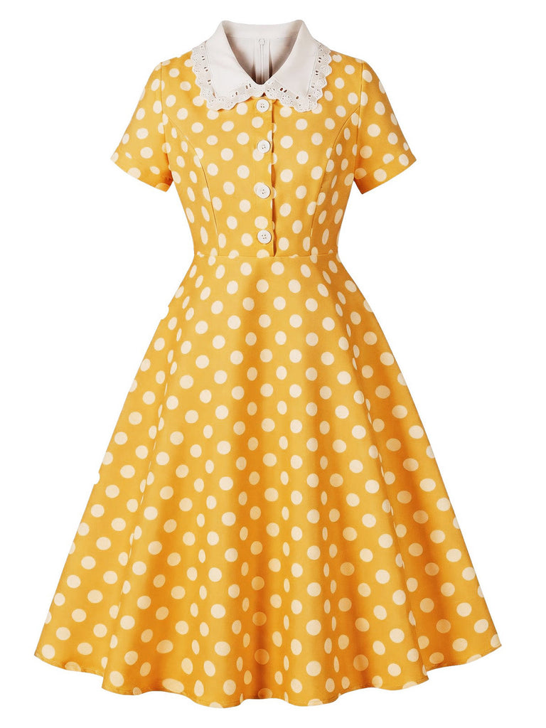 Robe à Pois Dentelle-Trimmed Col Évasé Années 1950 7