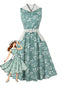 Robe gris-vert motifs floraux col V et ceinture années 1950