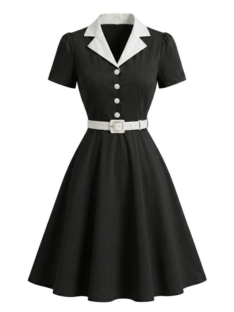 Robe Blanc Contrasté Revers Col Évasé Années 1950 4