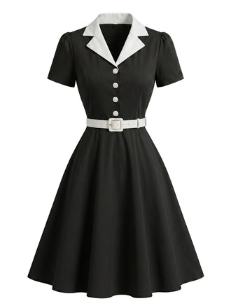 Robe Blanc Contrasté Revers Col Évasé Années 1950 4