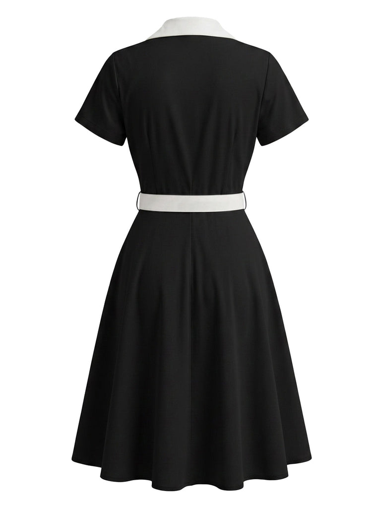 Robe Blanc Contrasté Revers Col Évasé Années 1950 5