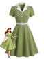 Robe Vert Col Revers Blanc Contrasté Années 1950
