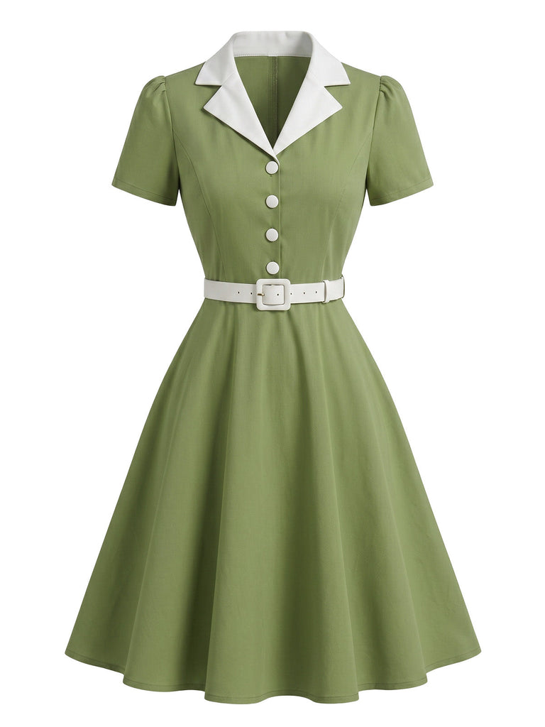 Robe Blanc Contrasté Revers Col Évasé Années 1950 2