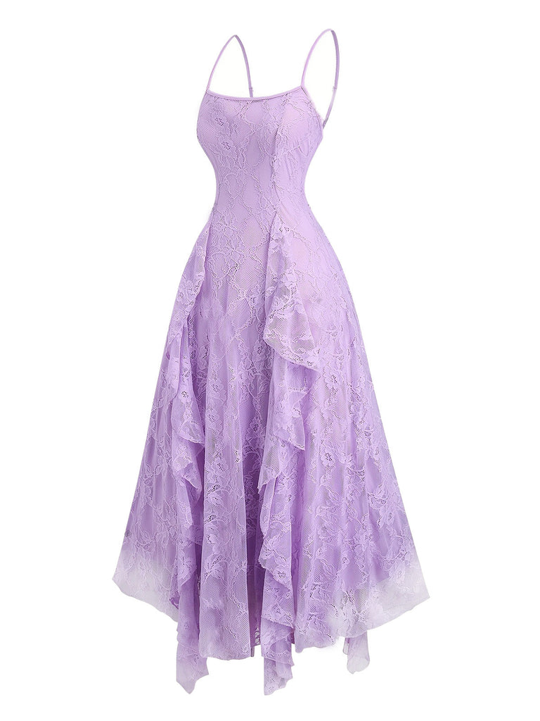 Robe Bretelles Spaghetti Floral Volant Dentelle Nœud Bordure Années 1950 8