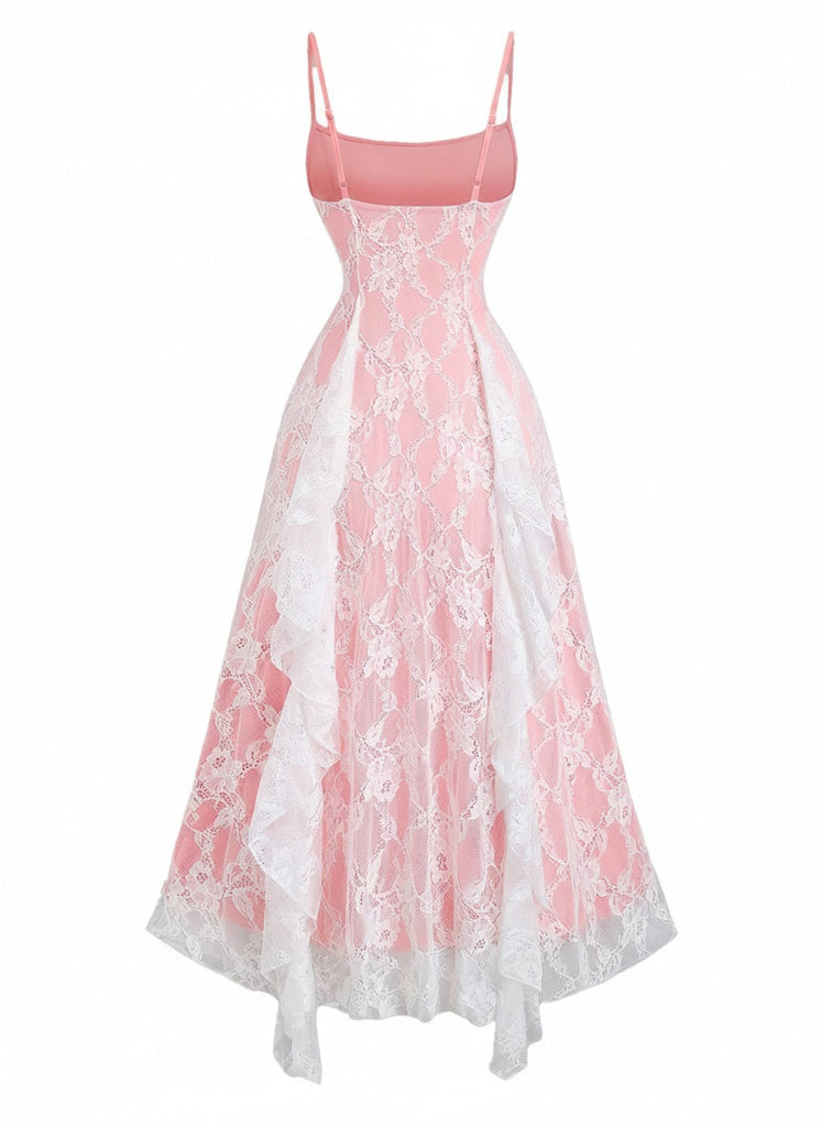 Robe Bretelles Spaghetti Floral Volant Dentelle Nœud Bordure Années 1950 3