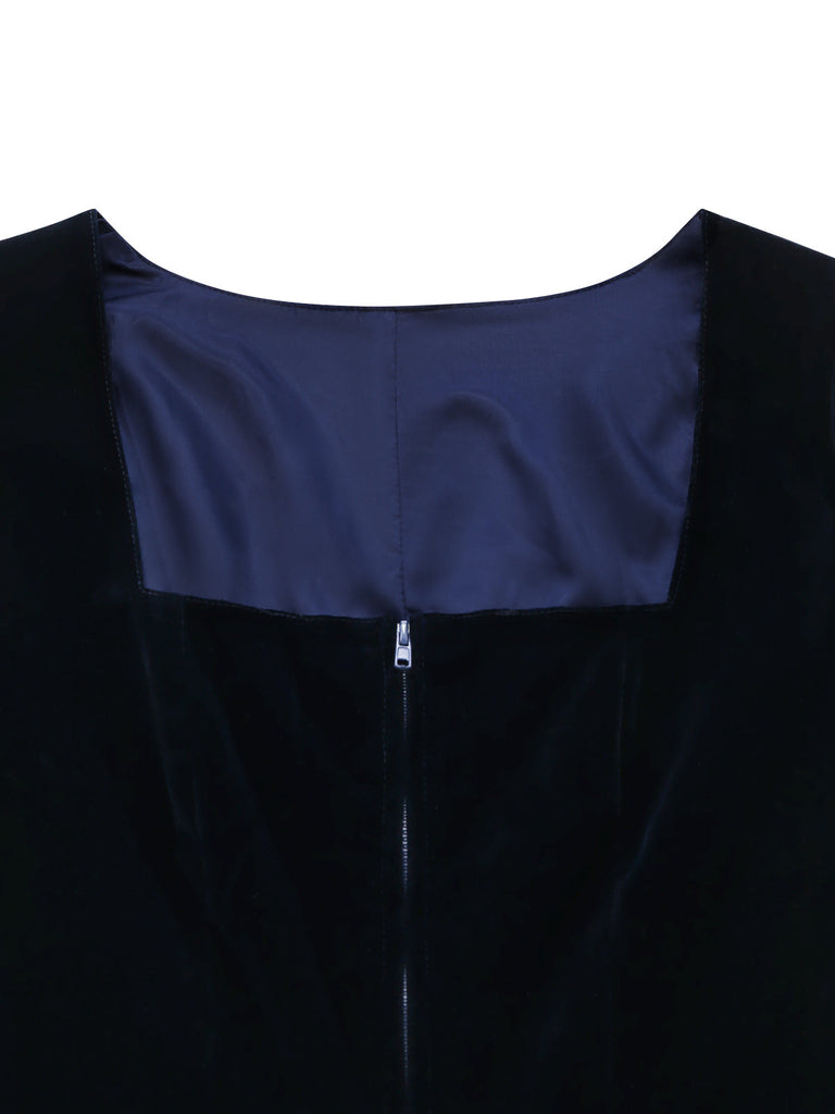 Robe Bleu Col Carré Velours & à Pois Apron Années 1950 4