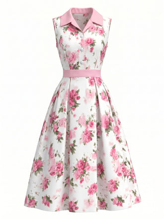 Robe Sans Manches Boutonné Revers Évasé Rose Rose Années 1950 2