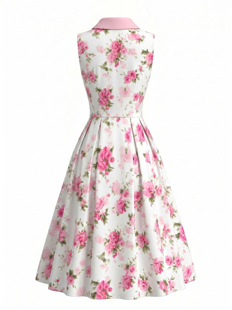 Robe Sans Manches Boutonné Revers Évasé Rose Rose Années 1950 3