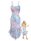 Robe sirène bleue bretelles spaghetti et ourlet volants fleuris années 1930