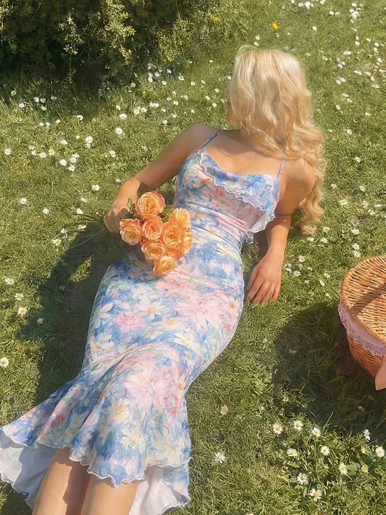 Robe Bretelles Spaghetti Sirène Floral Volant Ourlet Bleu Années 1930 5